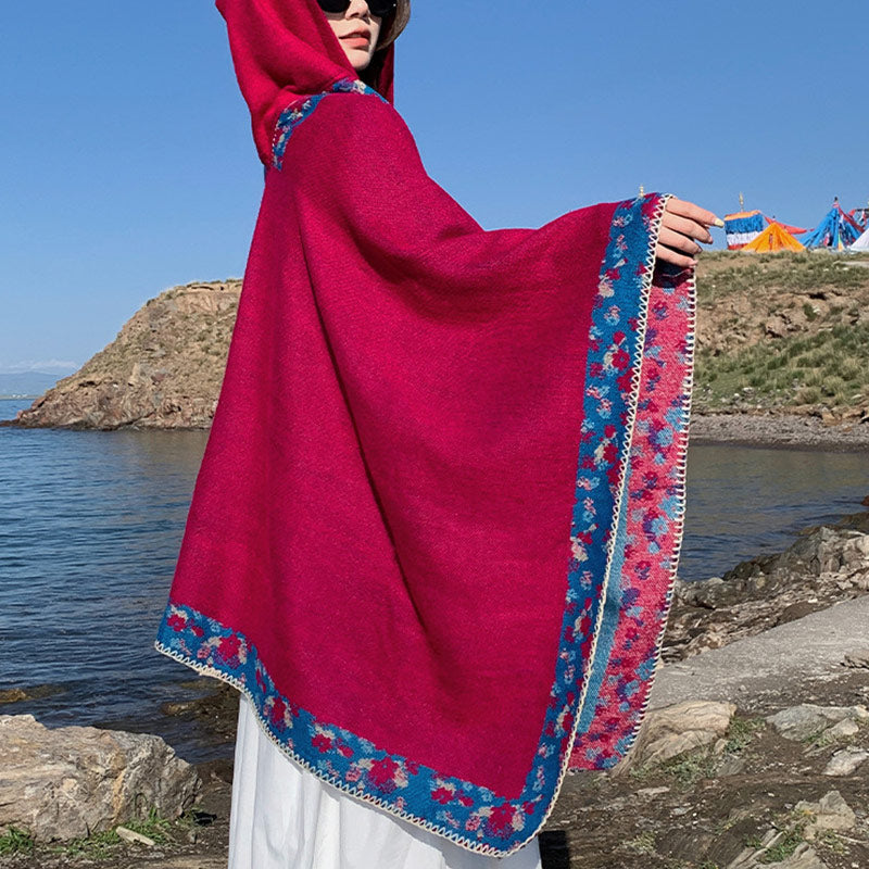 BWOOOH Tibetan Shawl Border Small Floral Flower Hooded Cl