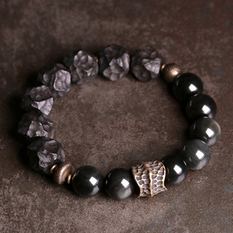 BWOOOH Black Obsidian Ebony Wood Copper Strength Couple Bracelet