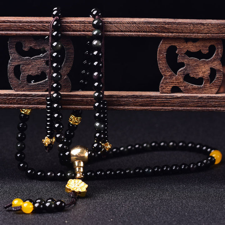 BWOOOH 108 Beads Natural Black Obsidian Lotus Fulfilment Mala Bracelet