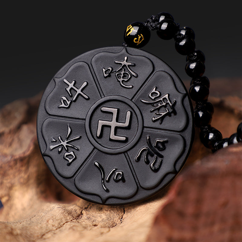 BWOOOH Natural Black Obsidian Tibetan Om Mani Padme Hum Buddha Swastika Luck Necklace Pendant