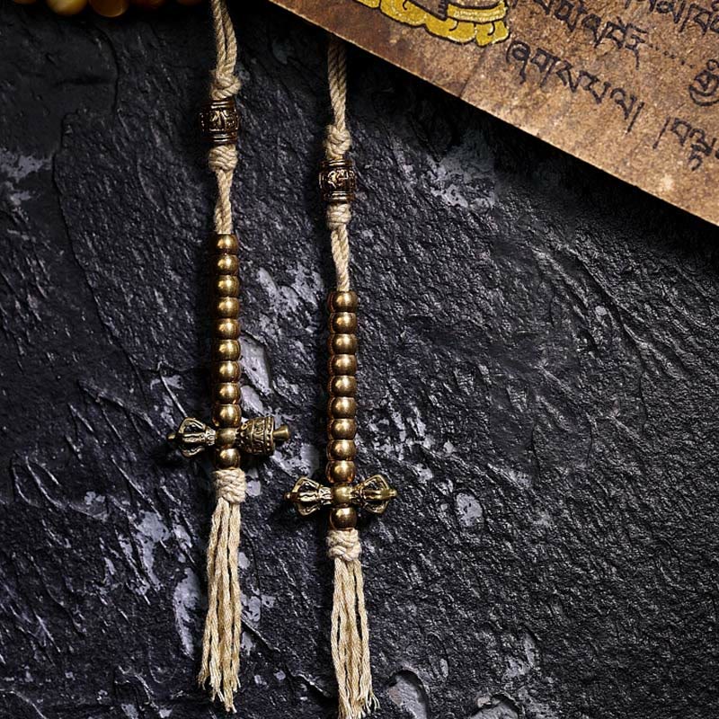 BWOOOH 108 Mala Beads Natural Tiger Eye Copper Dorje Protection Tassel Bracelet