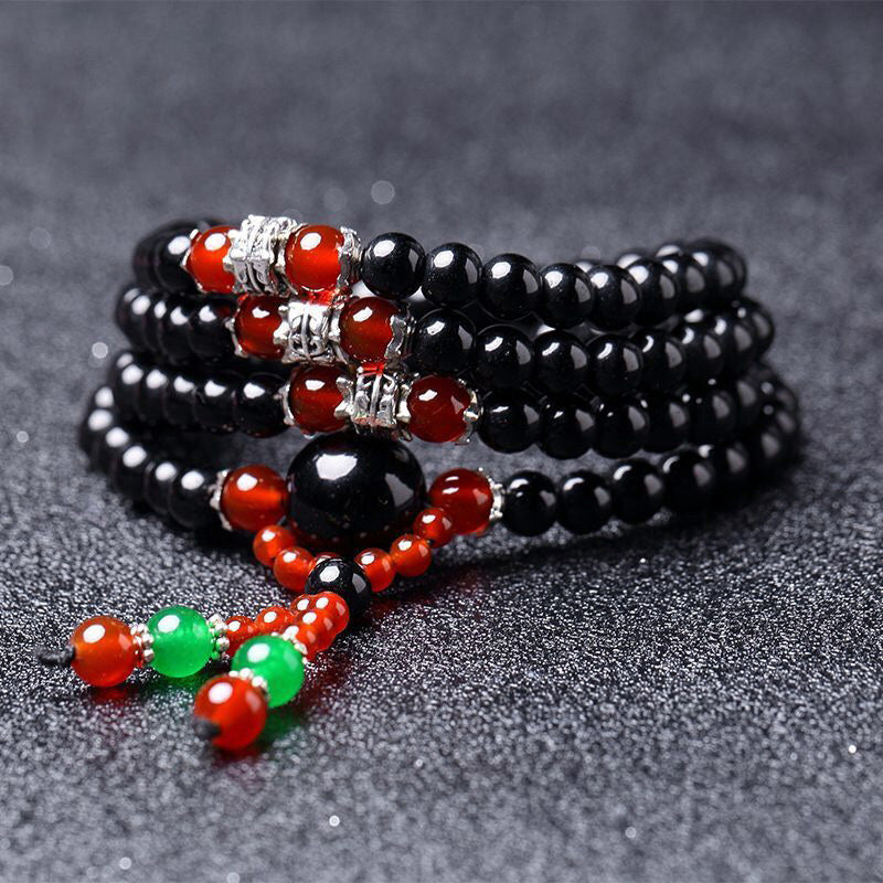 BWOOOH 108 Beads Natural Black Obsidian Tiger Eye Red Agate Mala Bracelet