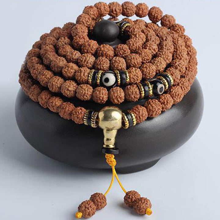 BWOOOH 108 Mala Beads Rudraksha Bodhi Seed Dzi Bead Luck Wealth Bracelet
