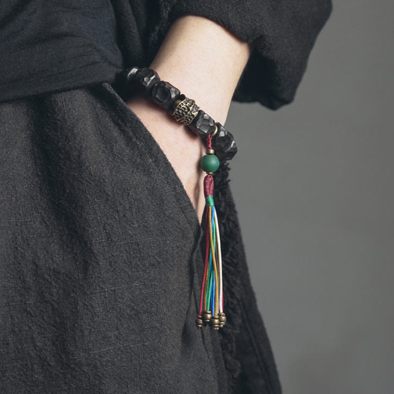 BWOOOH Tibet Ebony Wood Copper Peace Tassel Wrist Mala Bracelet