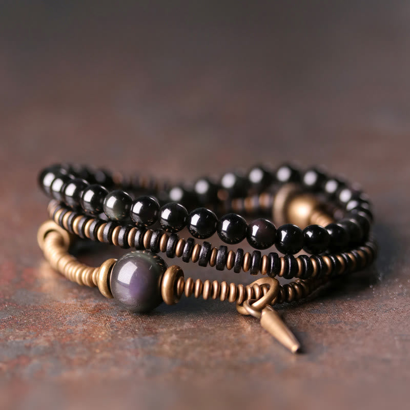 BWOOOH Rainbow Obsidian Ebony Wood Copper Healing Triple Wrap Bracelet