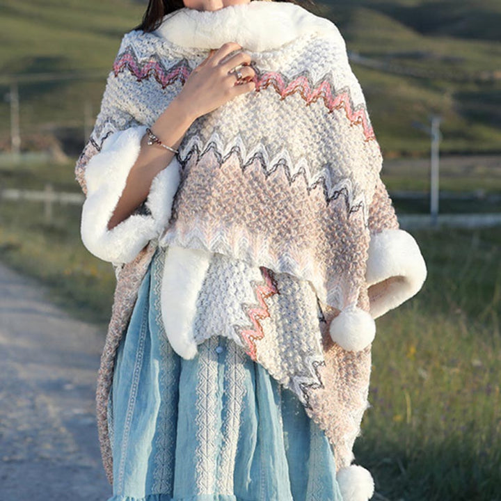 BWOOOH Tibetan Multicolored Wavy Lines Knitted Striped Sh