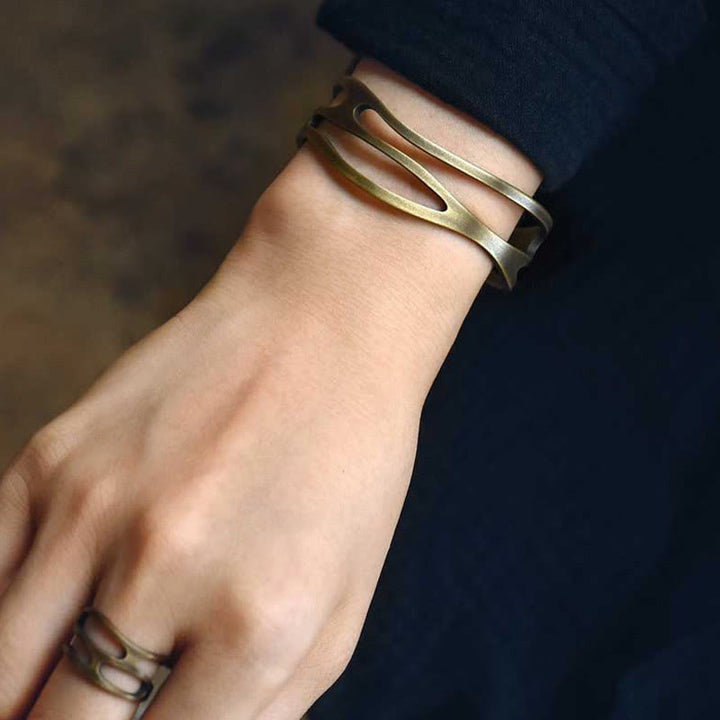 BWOOOH Vintage Curved Copper Brass Wealth Adjustable Cuff Bracelet Bangle | spiritual healing bracelet