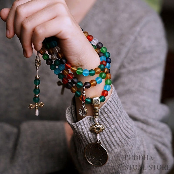 BWOOOH Tibetan 108 Mala Beads Multicolored Liuli Glass Bead Chinese Zodiac Nine Palaces Eight Diagrams Charm Bracelet