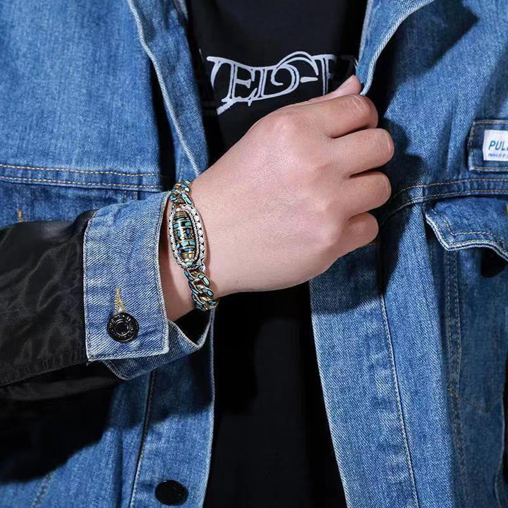 BWOOOH Tibetan Nine-Eye Dzi Bead Om Mani Padme Hum Turquoise Protection Rotatable Bracelet