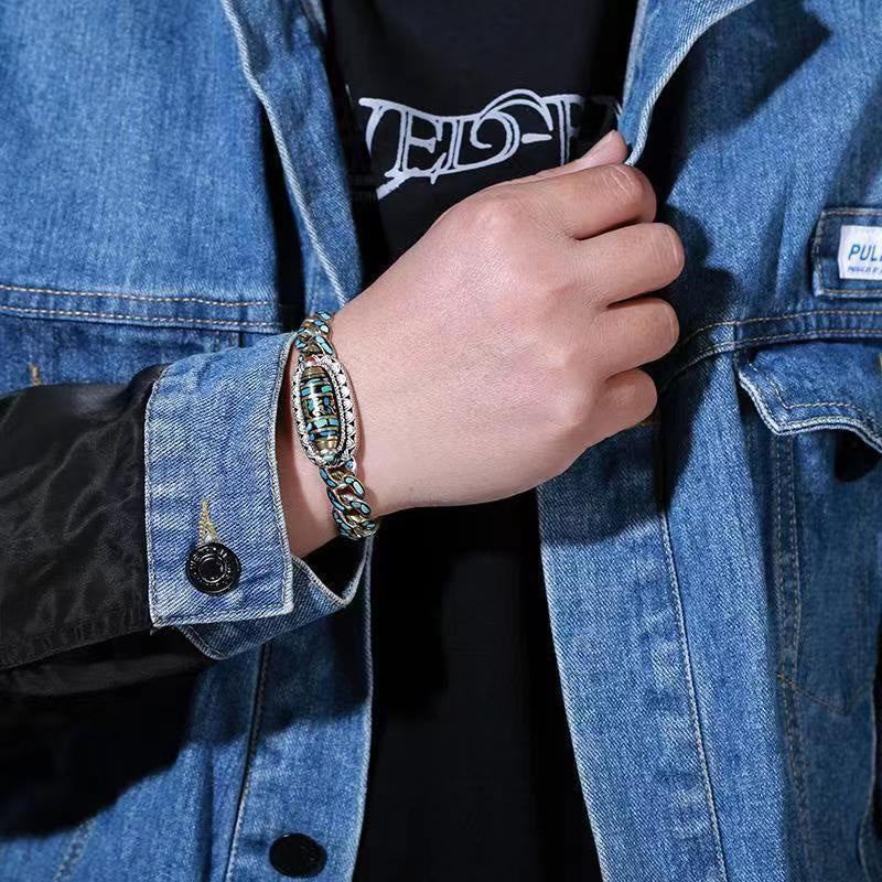 BWOOOH Tibetan Nine-Eye Dzi Bead Om Mani Padme Hum Turquoise Protection Rotatable Bracelet