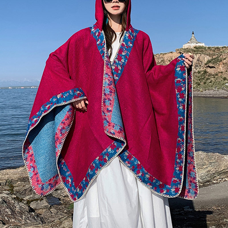 BWOOOH Tibetan Shawl Border Small Floral Flower Hooded Cl