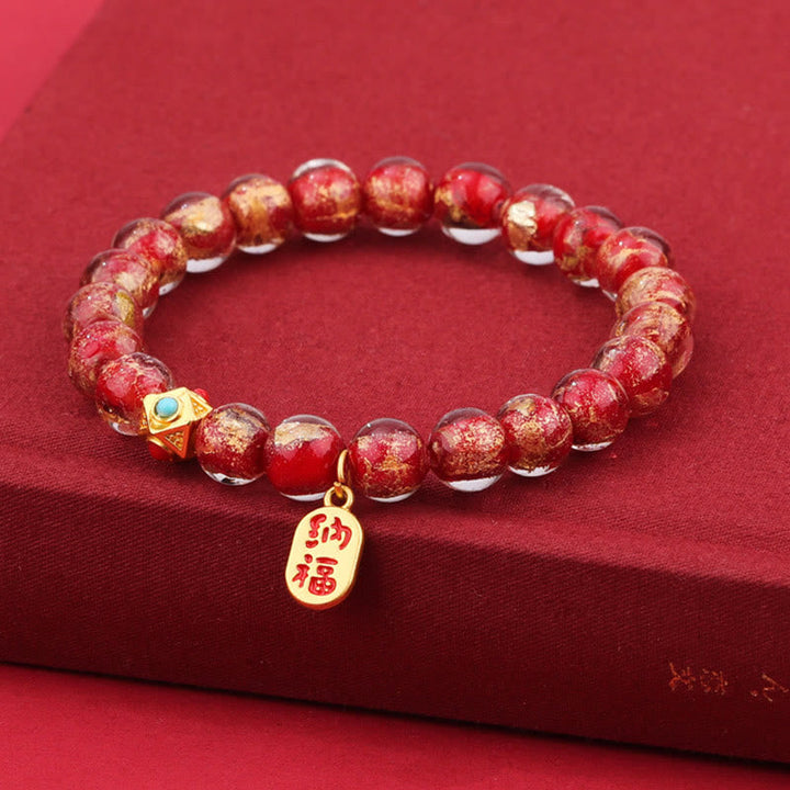 BWOOOH Tibetan Incense Ash Liuli Glass Bead Lucky Fortune Fu Character Charm Bracelet