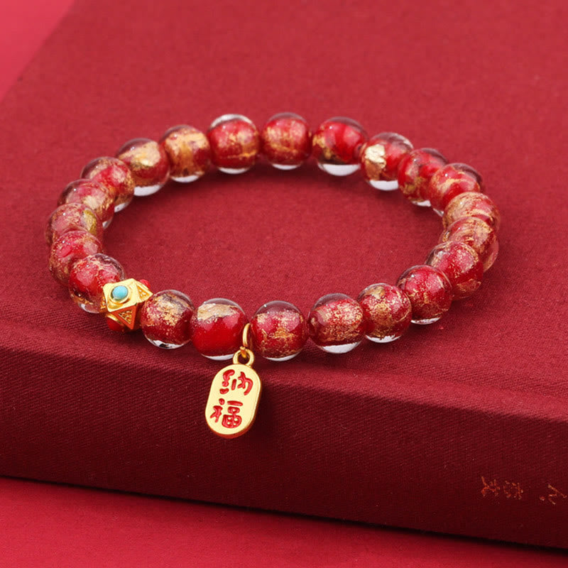 BWOOOH Tibetan Incense Ash Liuli Glass Bead Lucky Fortune Fu Character Charm Bracelet