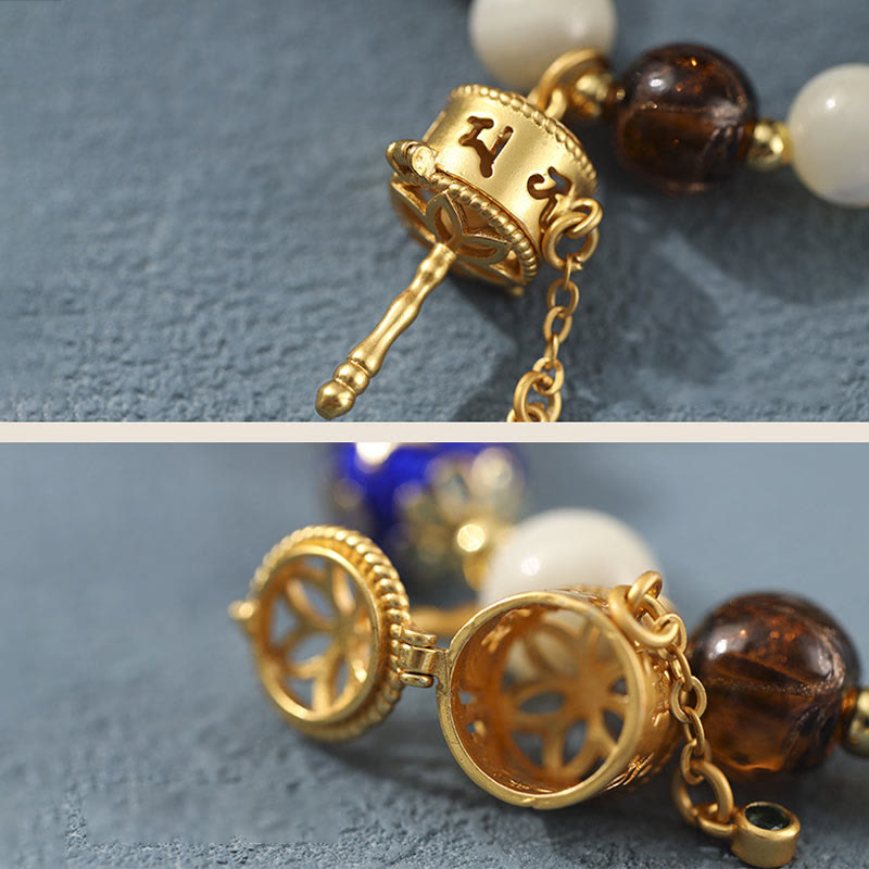 BWOOOH Tibetan Incense Ash Liuli Glass Tridacna Stone Sun Stone Om Mani Padme Hum Prayer Wheel Charm Bracelet