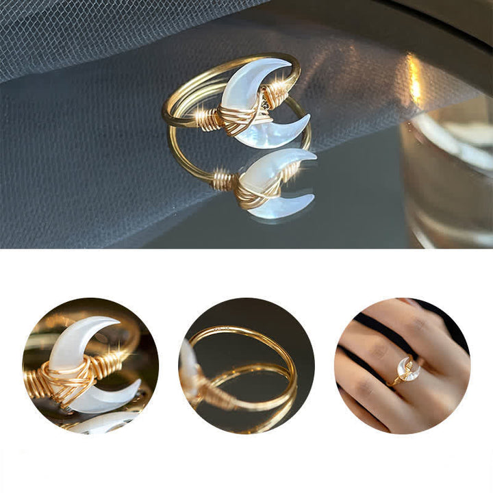 BWOOOH Natural Tridacna Stone Moon 14K Gold Blessing Ring