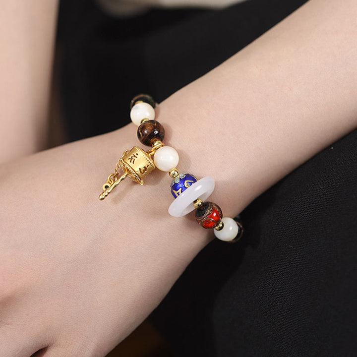 BWOOOH Tibetan Incense Ash Liuli Glass Tridacna Stone Sun Stone Om Mani Padme Hum Prayer Wheel Charm Bracelet