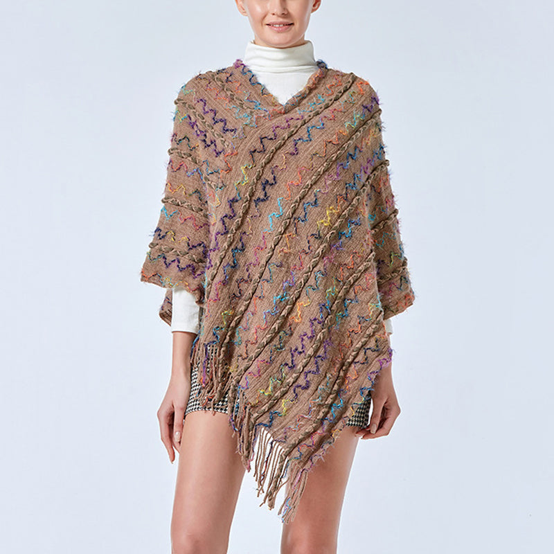 BWOOOH Tibetan Colorful Striped Shawl Tassels Pullover Wi