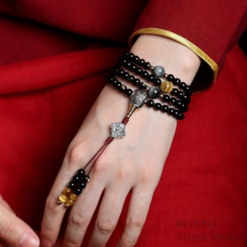BWOOOH 108 Mala Beads Gold Sheen Obsidian Tiger Eye Eagle&