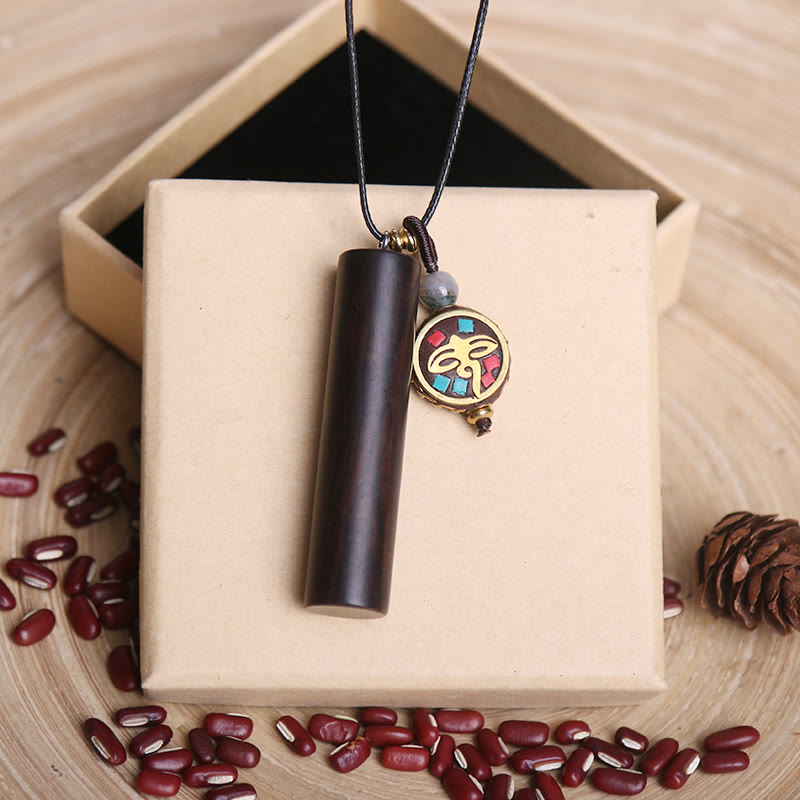 BWOOOH Tibetan Ebony Wood Dzi Bead Peace Calm Necklace Pendant