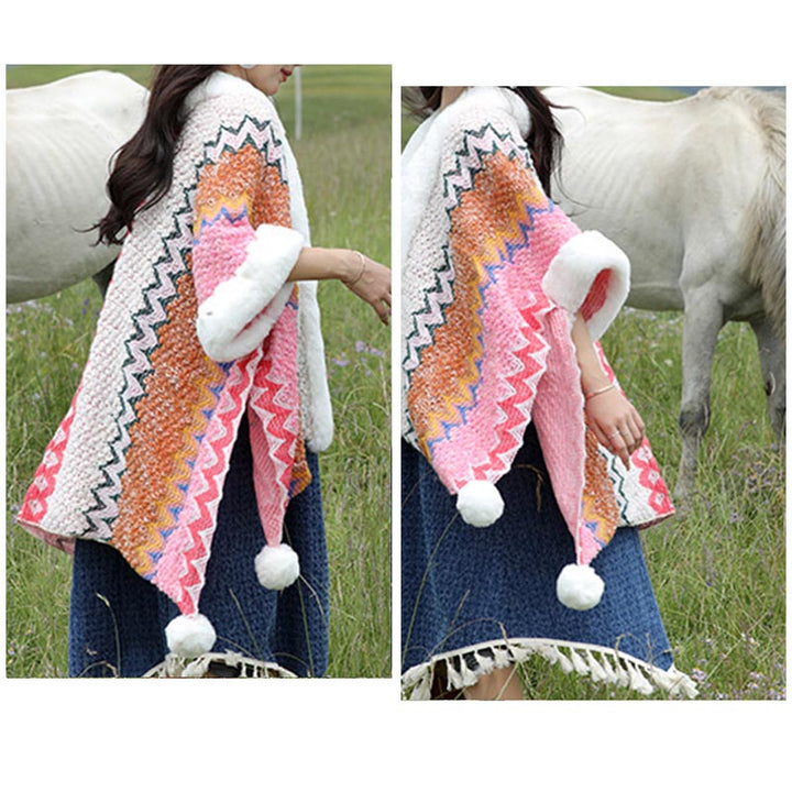 BWOOOH Tibetan Multicolored Wavy Lines Knitted Striped Sh