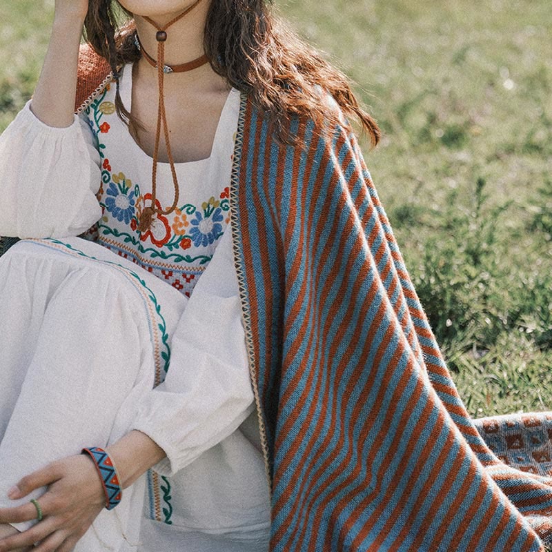 BWOOOH Tibetan Shawl Striped Diamond Pattern Winter Warm 