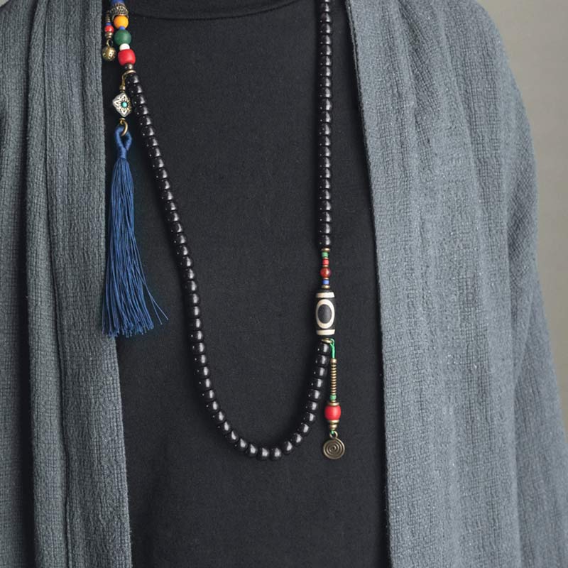 BWOOOH 108 Beads Mala Ebony Wood Dzi Bead Copper Balance Tassel Bracelet