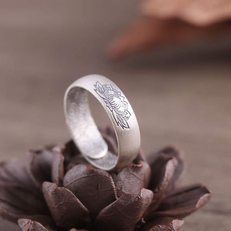 BWOOOH 999 Sterling Silver Lotus Elephant Six True Words Blessing Ring