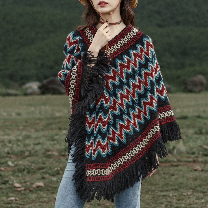 BWOOOH Tibetan Shawl Striped Knitted Tassels Pullover Win