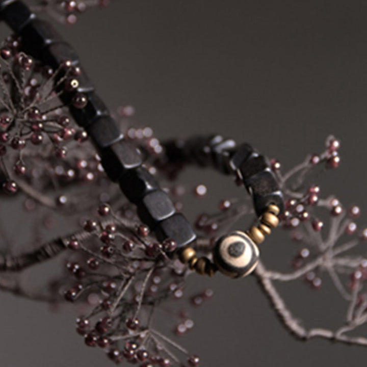 BWOOOH Ebony Wood Dzi Bead Copper Peace Couple Bracelet