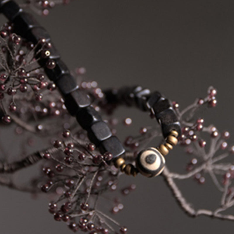 BWOOOH Ebony Wood Dzi Bead Copper Peace Couple Bracelet