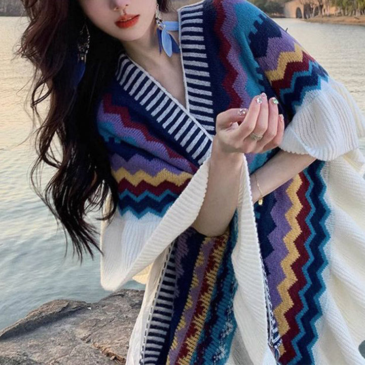 BWOOOH Tibetan Shawl Colorful Striped Wavy Line Tassels W