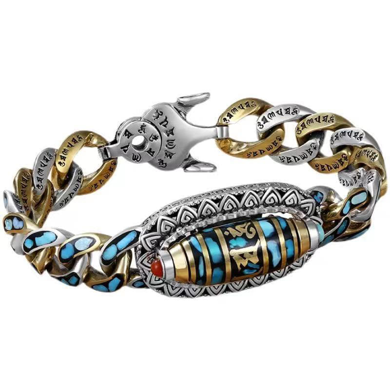 BWOOOH Tibetan Nine-Eye Dzi Bead Om Mani Padme Hum Turquoise Protection Rotatable Bracelet