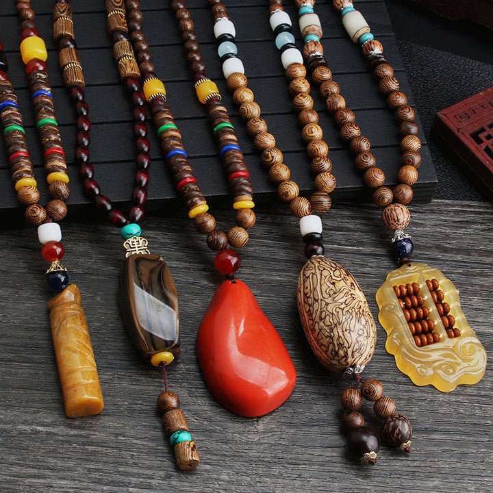 BWOOOH Tibetan wenge wood bodhi seed agate balance peace necklace pendant 65cm beaded strand