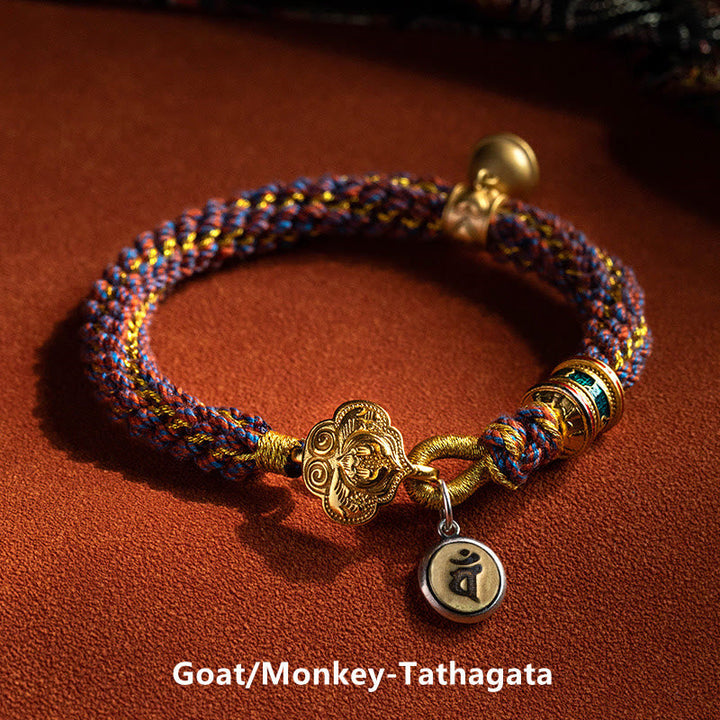BWOOOH 925 Sterling Silver Chinese Zodiac Natal Buddha Om Mani Padme Hum Luck Bell Braided String Bracelet