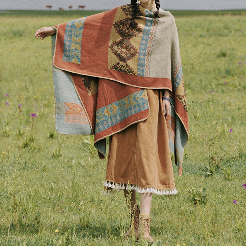BWOOOH Tibetan Shawl Diamond Pattern Winter Warm Cloak Sc