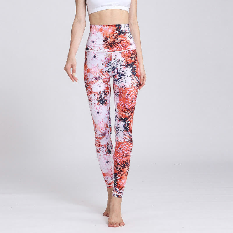 BWOOOH printed yoga leggings - Red Pink Flowers Print Sports Fitness Yo