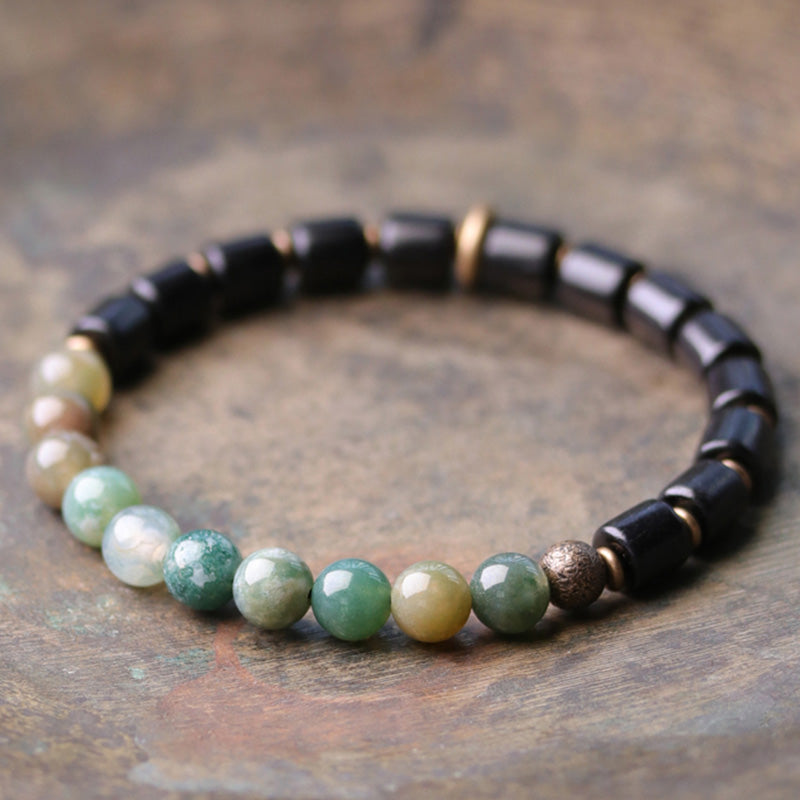 BWOOOH Ebony Wood Red Jasper Moss Agate Crystal Copper Peace Couple Bracelet