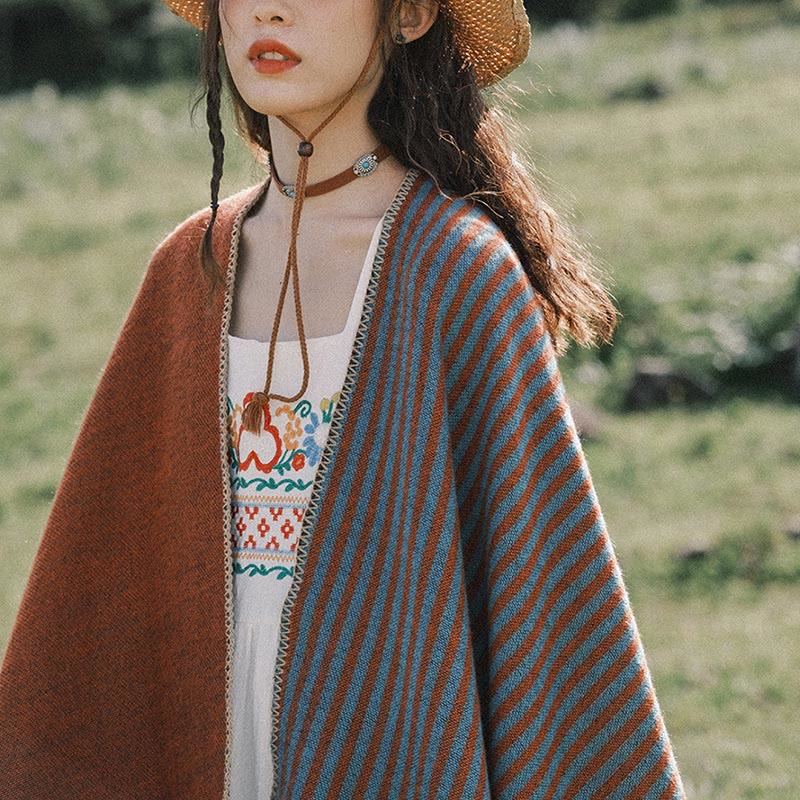 BWOOOH Tibetan Shawl Striped Diamond Pattern Winter Warm 