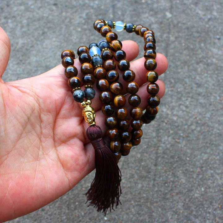 BWOOOH Tibetan Tiger Eye Buddha Strength Power Beaded Tassel Pendant Necklace