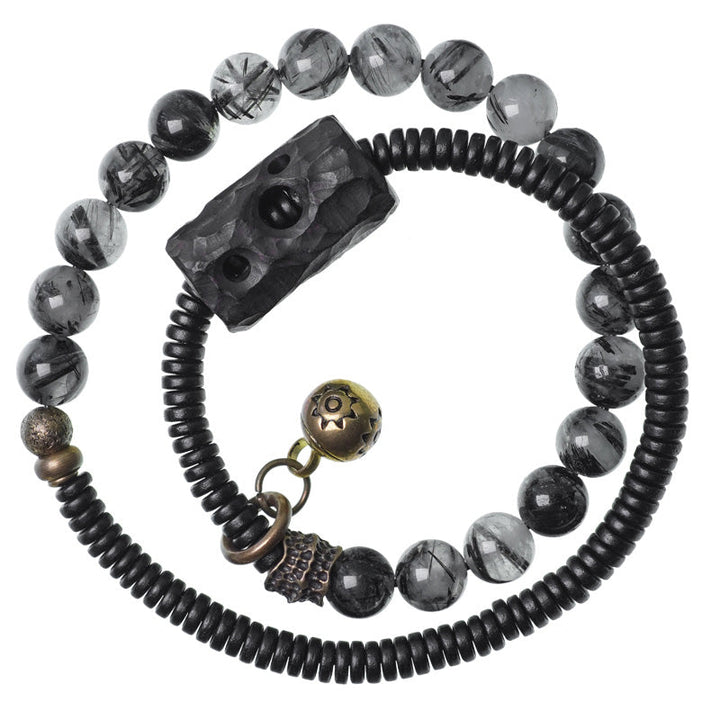 BWOOOH Black Rutilated Quartz Ebony Wood Copper Wisdom Couple Bracelet