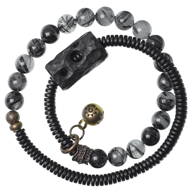 BWOOOH Black Rutilated Quartz Ebony Wood Copper Wisdom Couple Bracelet