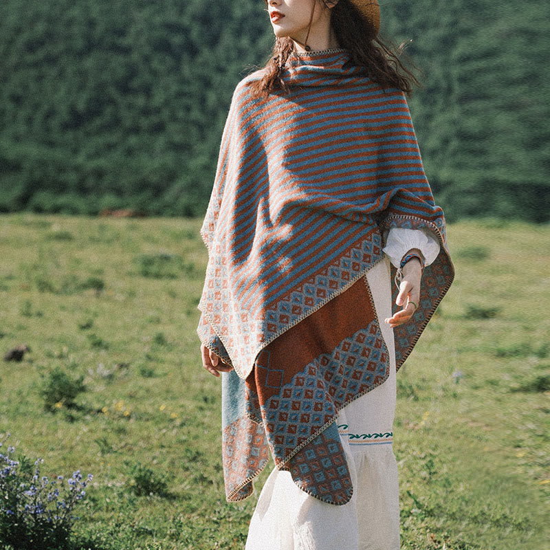 BWOOOH Tibetan Shawl Striped Diamond Pattern Winter Warm 