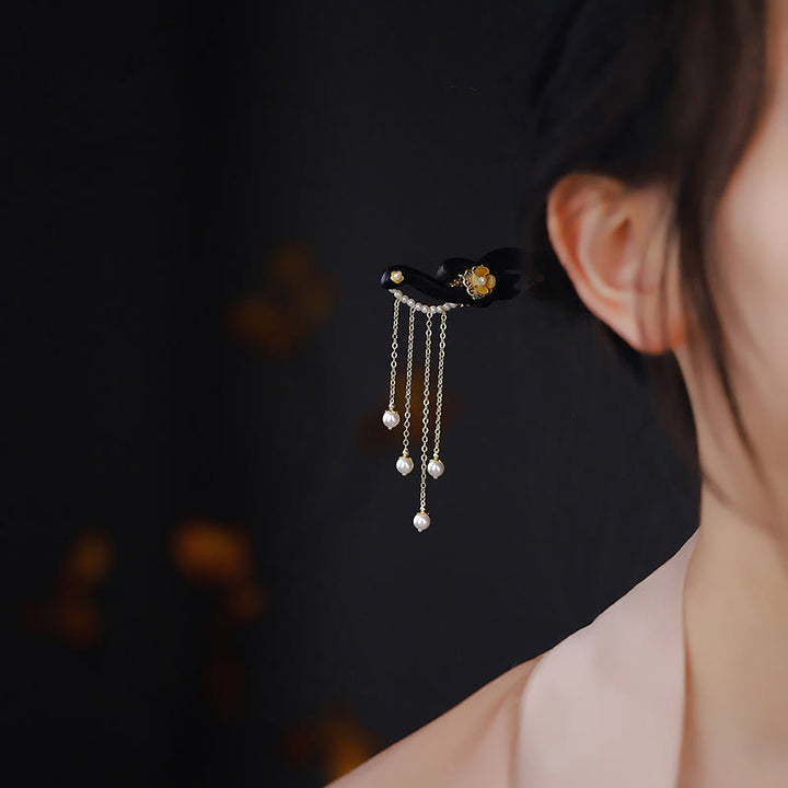 BWOOOH Ebony Wood Yellow Flower Pearl Tassels Hairpin