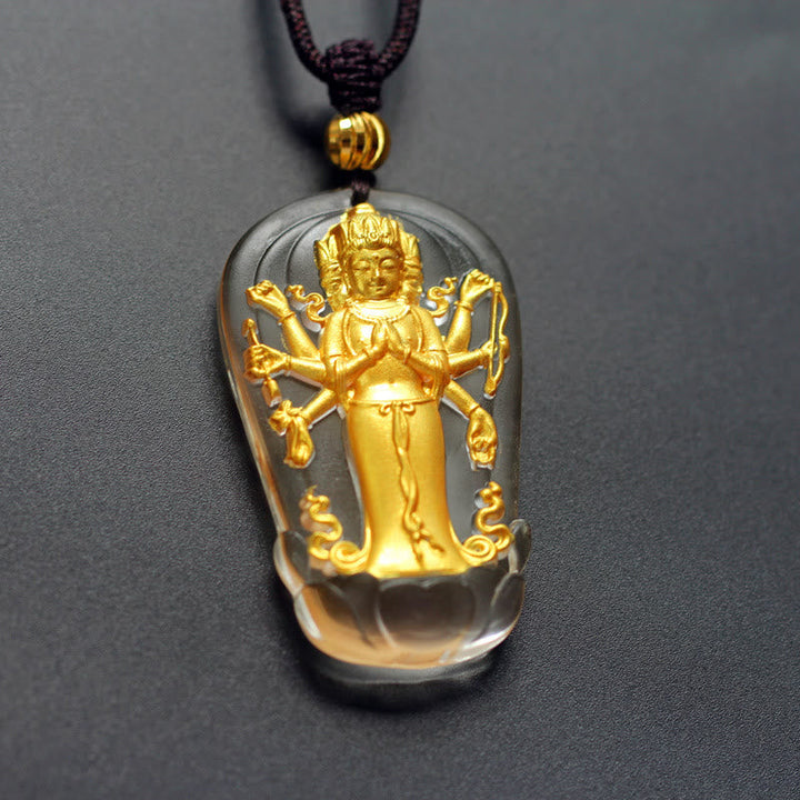 BWOOOH Tibetan Eight-Armed Avalokitesvara Guanyin Gold Plated Liuli Crystal Wealth Necklace Pendant