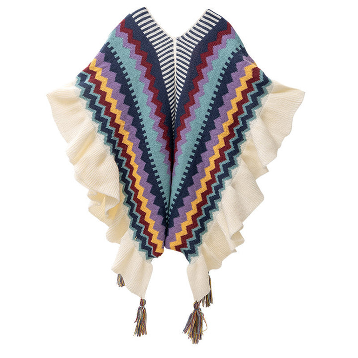 BWOOOH Tibetan Shawl Colorful Striped Wavy Line Tassels W