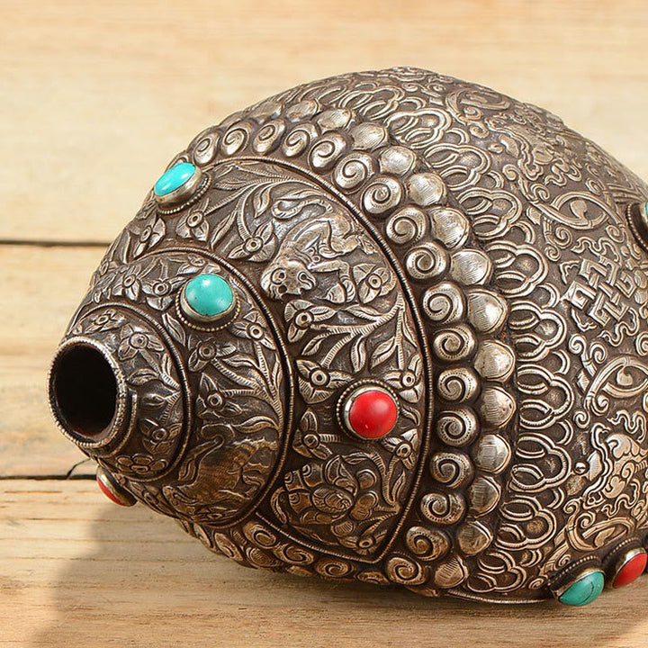 Buddha Stones Tibetan Handmade Natural Shankha Engraved Eight Auspicious Symbols Conch Shell Lucky Home Decoration