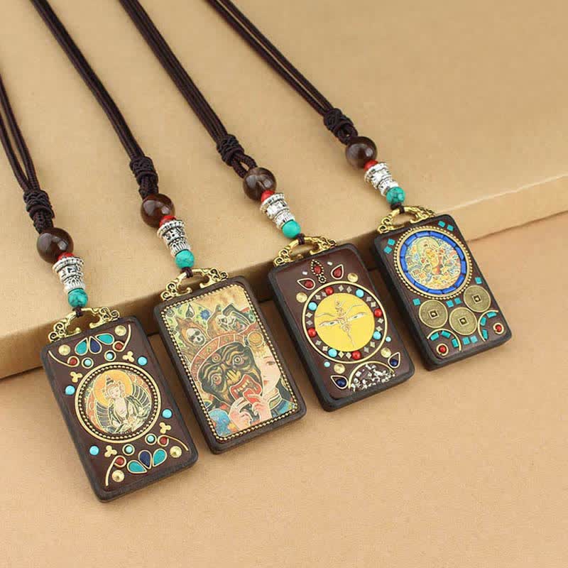 BWOOOH Tibet God of Wealth Thangka Ebony Peace Necklace Pendant