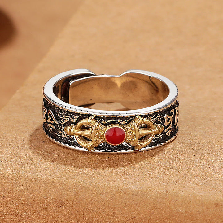 BWOOOH Tibetan Om Mani Padme Hum Red Agate Dorje Vajra Design Wisdom Ring