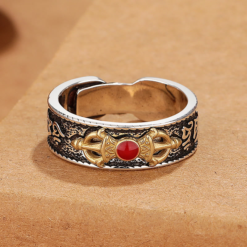 BWOOOH Tibetan Om Mani Padme Hum Red Agate Dorje Vajra Design Wisdom Ring