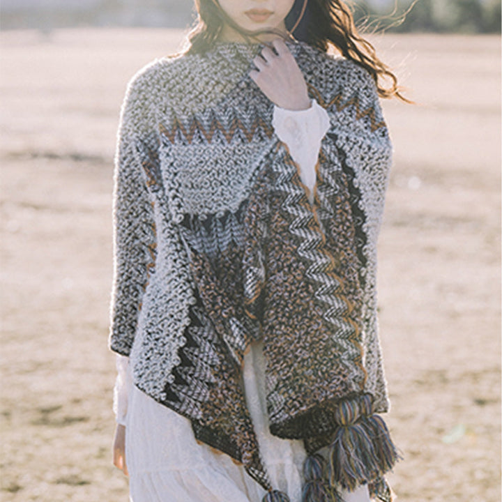 BWOOOH Tibetan Shawl Gray Brown Striped Knitted Tassels W